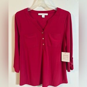 Women's Button Down Red Shirt with roll tab sleeves rolled up or down